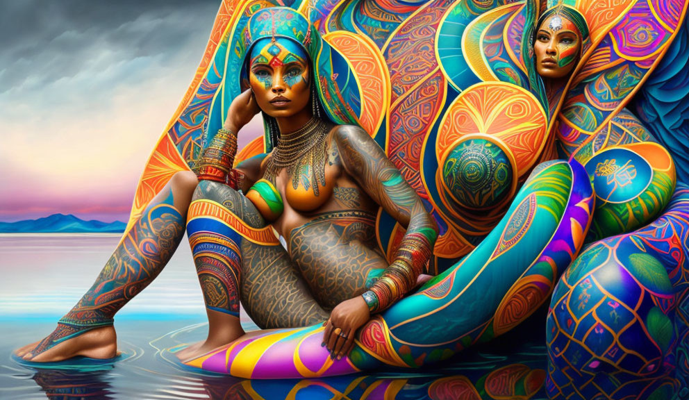 Colorful artwork featuring woman with body paint and psychedelic patterns by serene lakescape