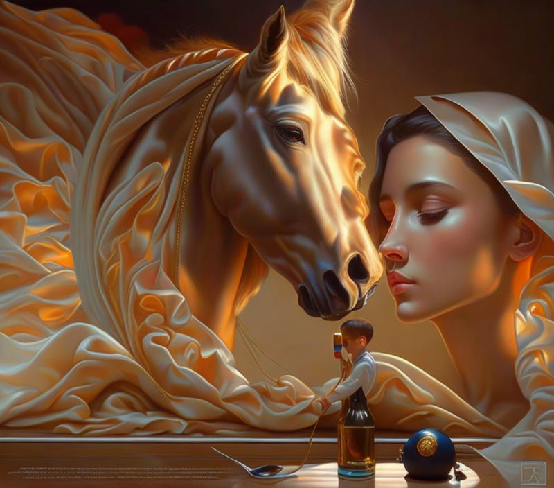 Surreal painting of woman's face with horse, waiter serving at table