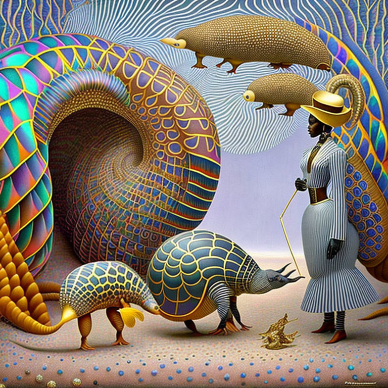 Surreal illustration: Woman with walking stick, giant armadillo-like creatures in fantasy landscape
