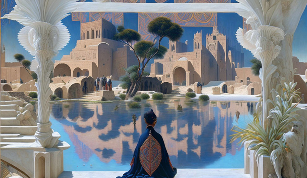 Fantastical ancient cityscape with ornate buildings and reflective water.