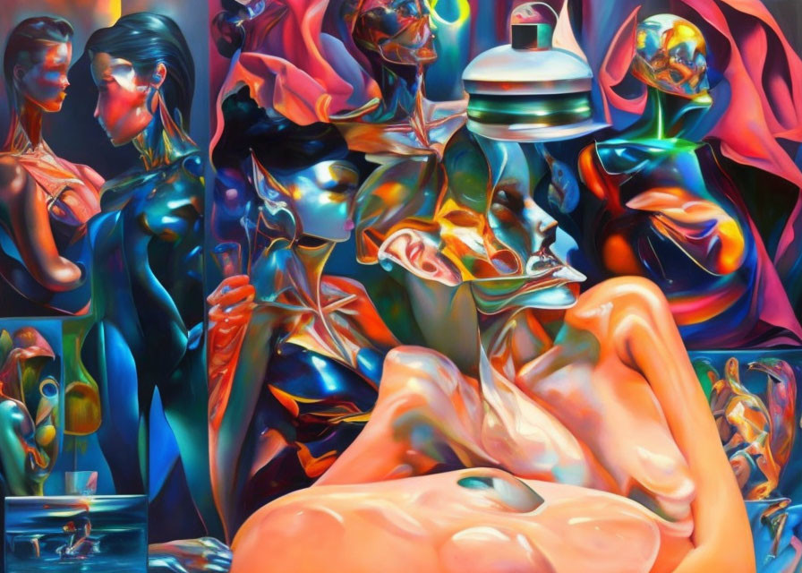 Colorful surreal painting with distorted human figures and glossy, reflective objects