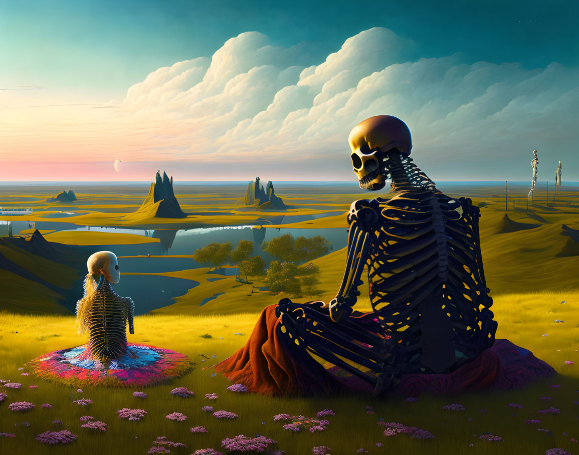 Surreal landscape with two skeletons in vivid field