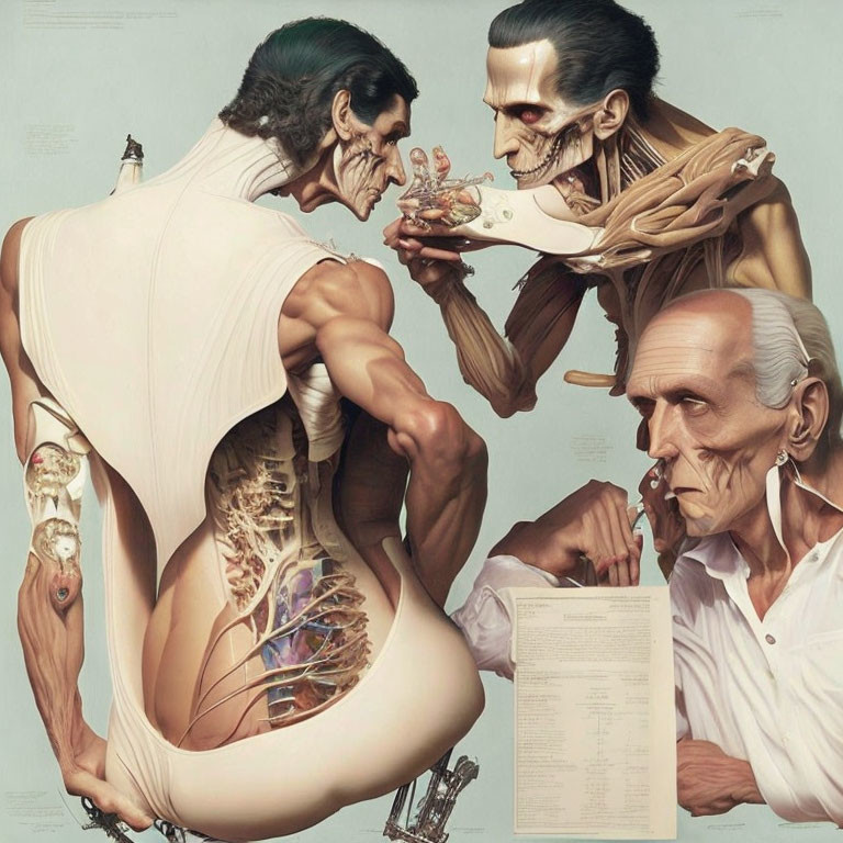 Detailed anatomical artwork of two elderly men with peeled-back skin showcasing muscles and internal structures in medical illustration