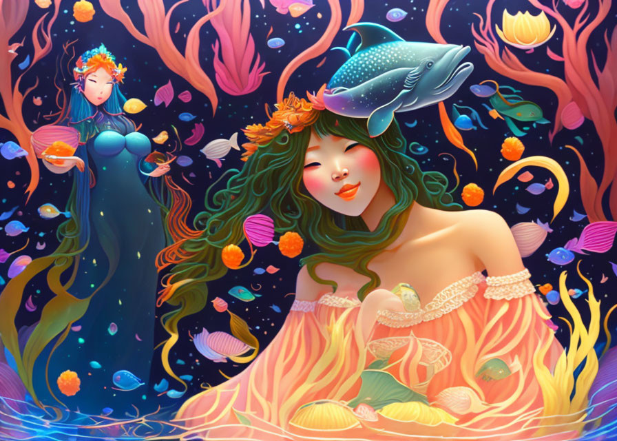 Vibrant underwater illustration with serene female figure and marine life