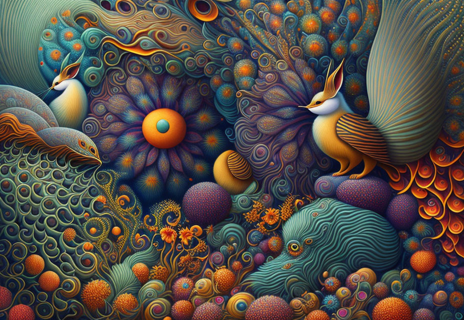 Colorful Psychedelic Artwork with Swirling Patterns and Fantastical Bird Creatures