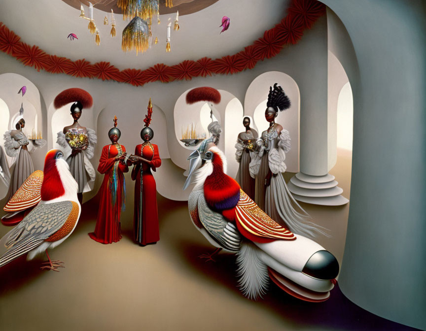 Surreal room with anthropomorphic birds, masked figures, and opulent decor