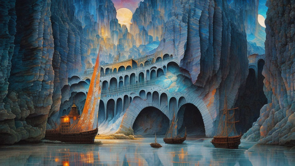 Fantastical sunset scene with ships near elaborate cave bridge.