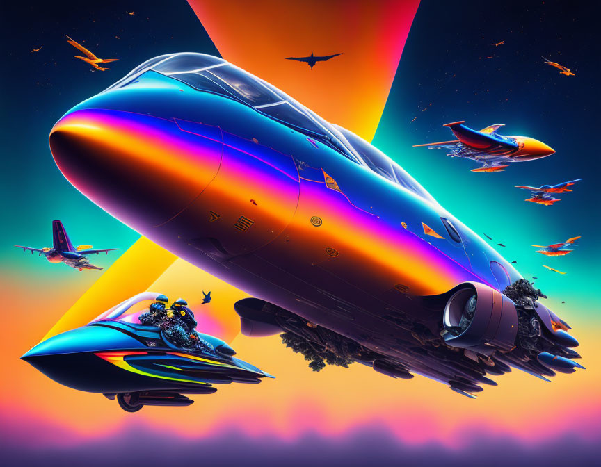 Colorful digital artwork of futuristic aircrafts flying in vibrant sky