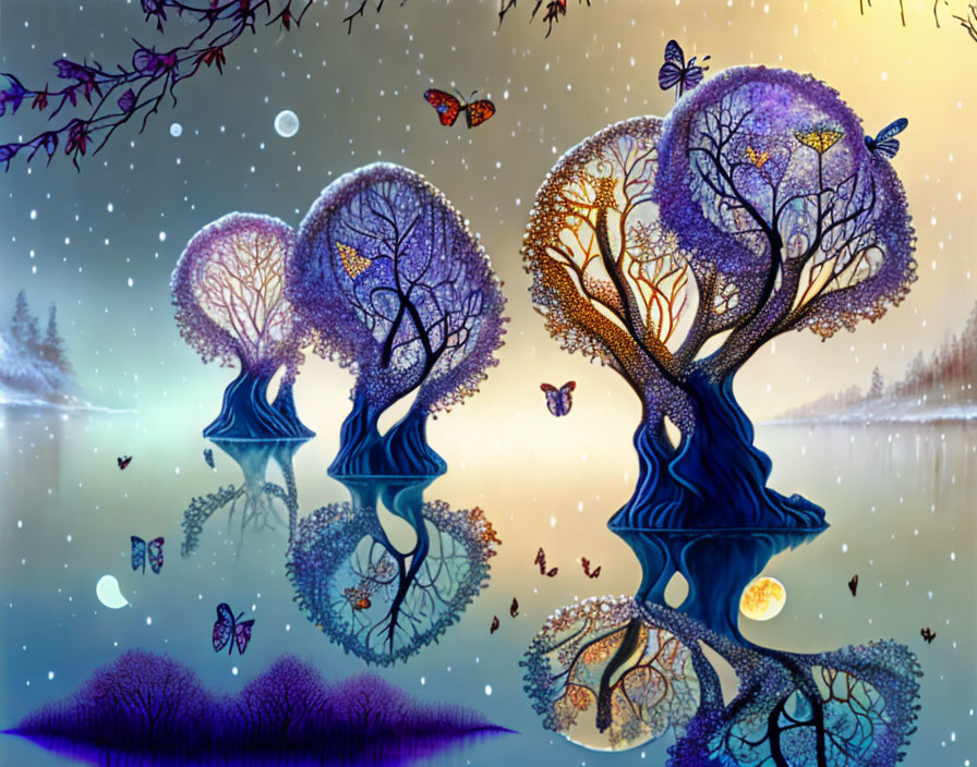 Vibrant trees with butterfly-shaped foliage reflected in tranquil water under starry twilight sky.