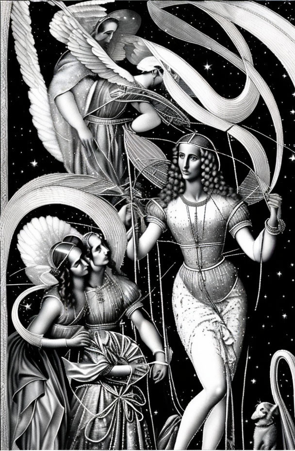 Detailed black and white illustration of ethereal woman with staff and celestial beings