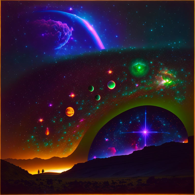 Colorful Space Scene with Celestial Bodies and Silhouetted Figures