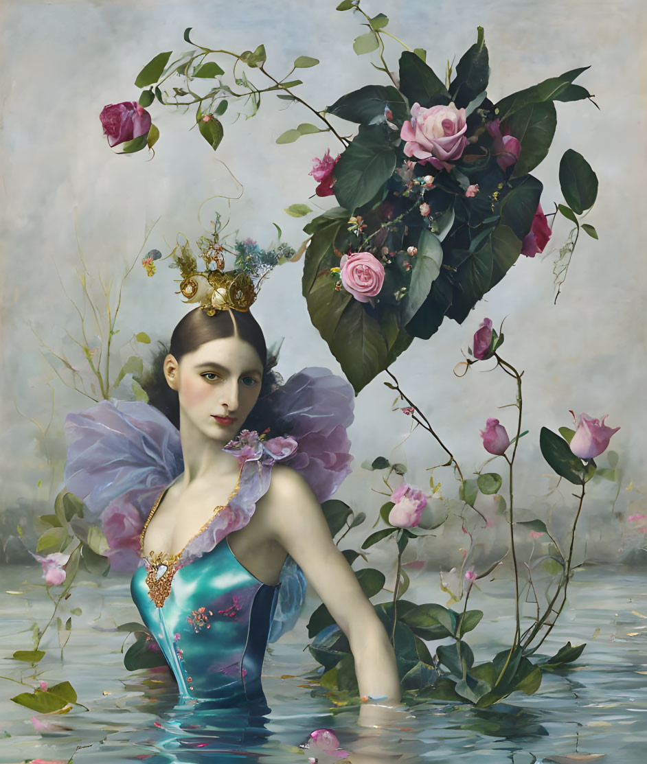 Portrait of woman with floral elements and butterfly wings in serene water backdrop