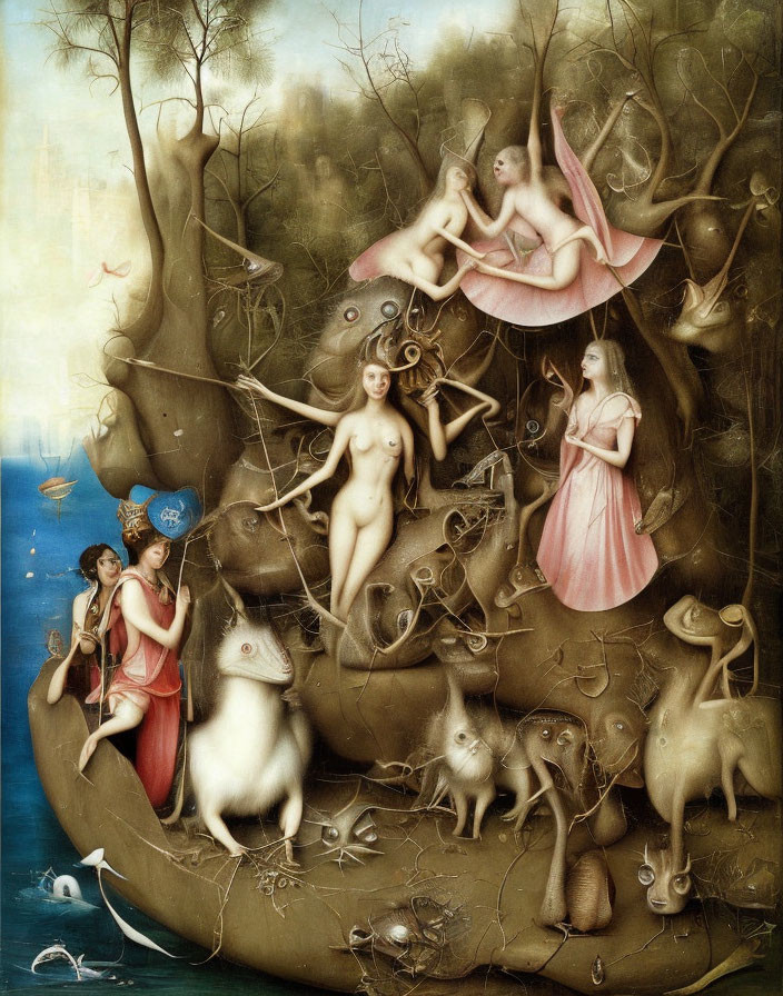 Surreal painting of females with animal traits on boat surrounded by creatures.