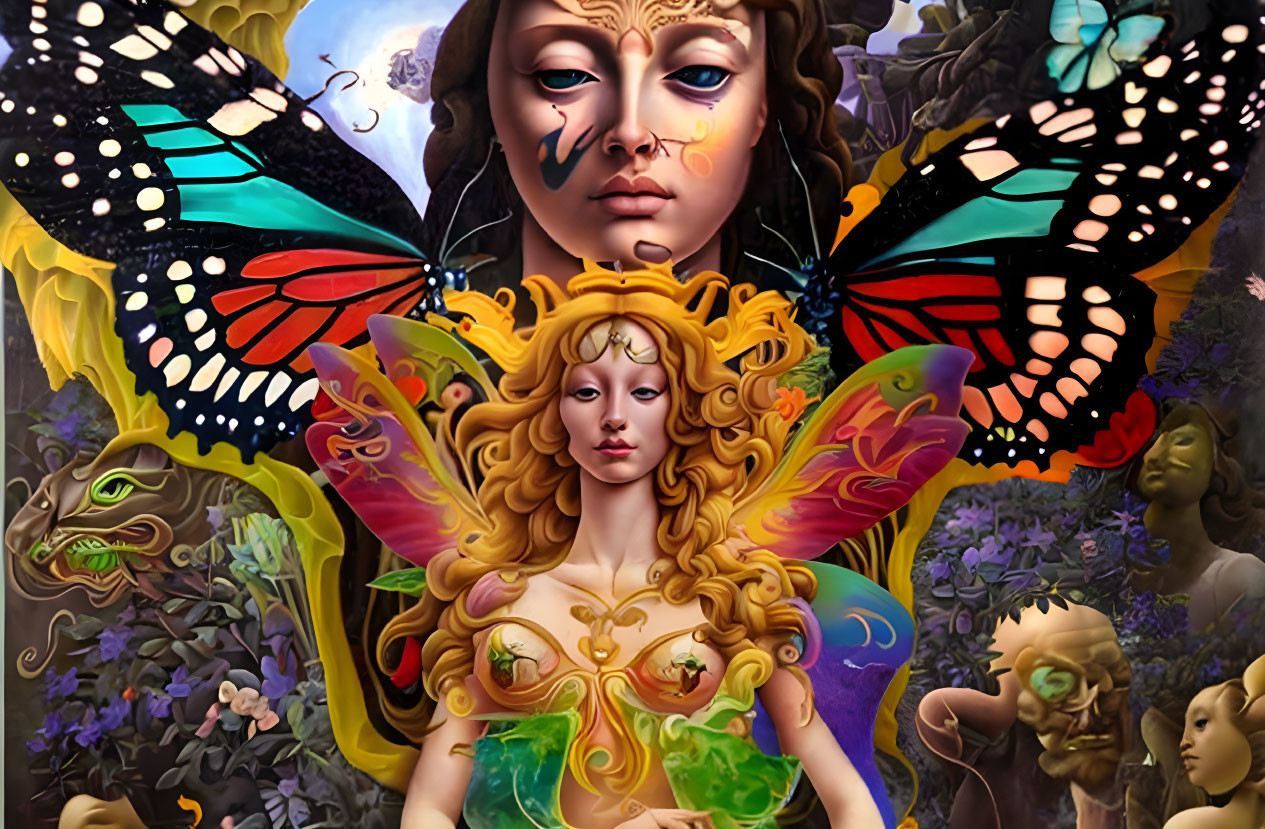 Fantasy illustration of winged fairy with butterfly wings in surreal setting