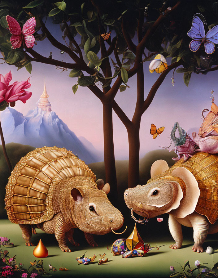 Illustration of two armadillos playing marbles under a tree with butterflies in a lush mountain setting