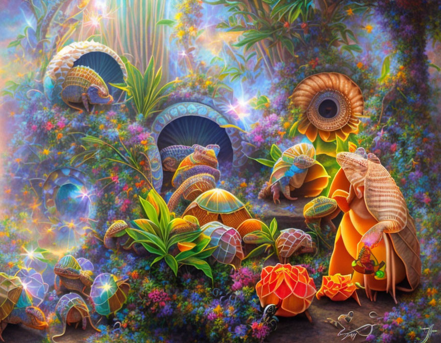 Colorful Artwork: Snails with Ornate Shells in Lush Flora