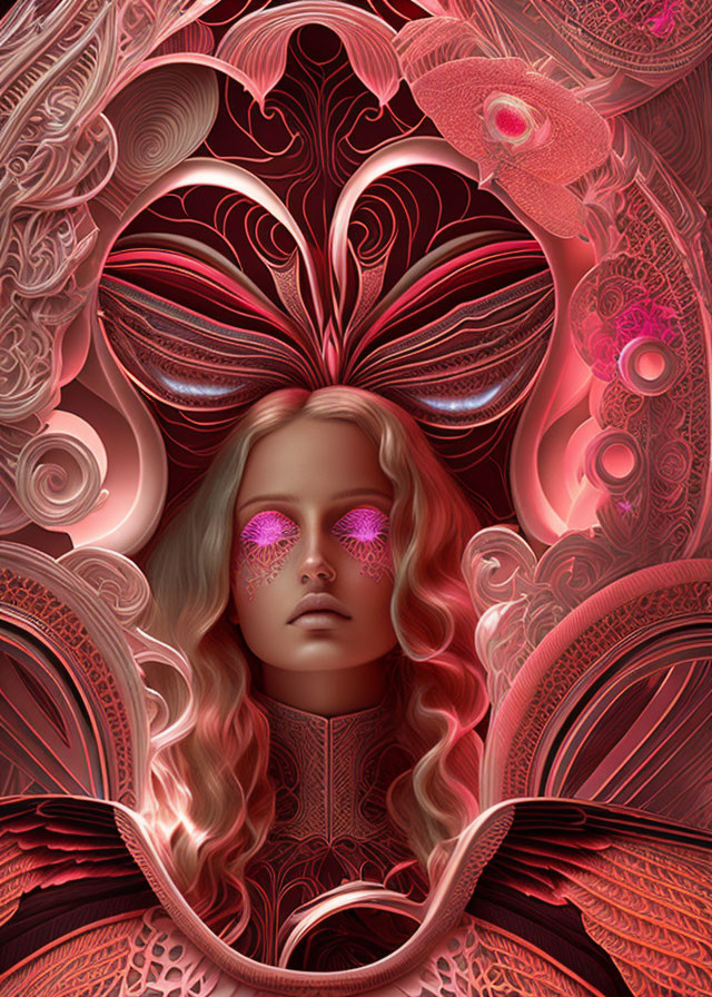 Surreal portrait of a woman with flowing hair and intricate pink patterns