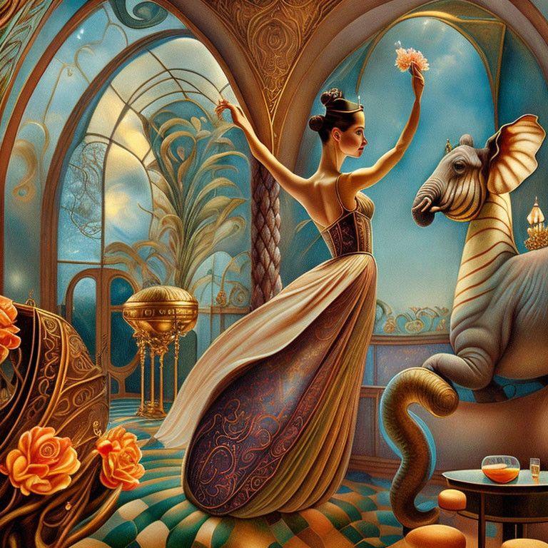 Surreal artwork of woman in elegant dress with flower, stylized elephant, and ornate interiors