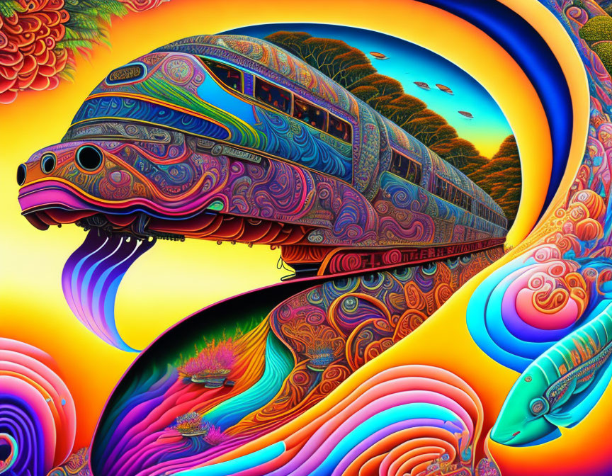 Colorful Psychedelic Train Blending into Surreal Landscape