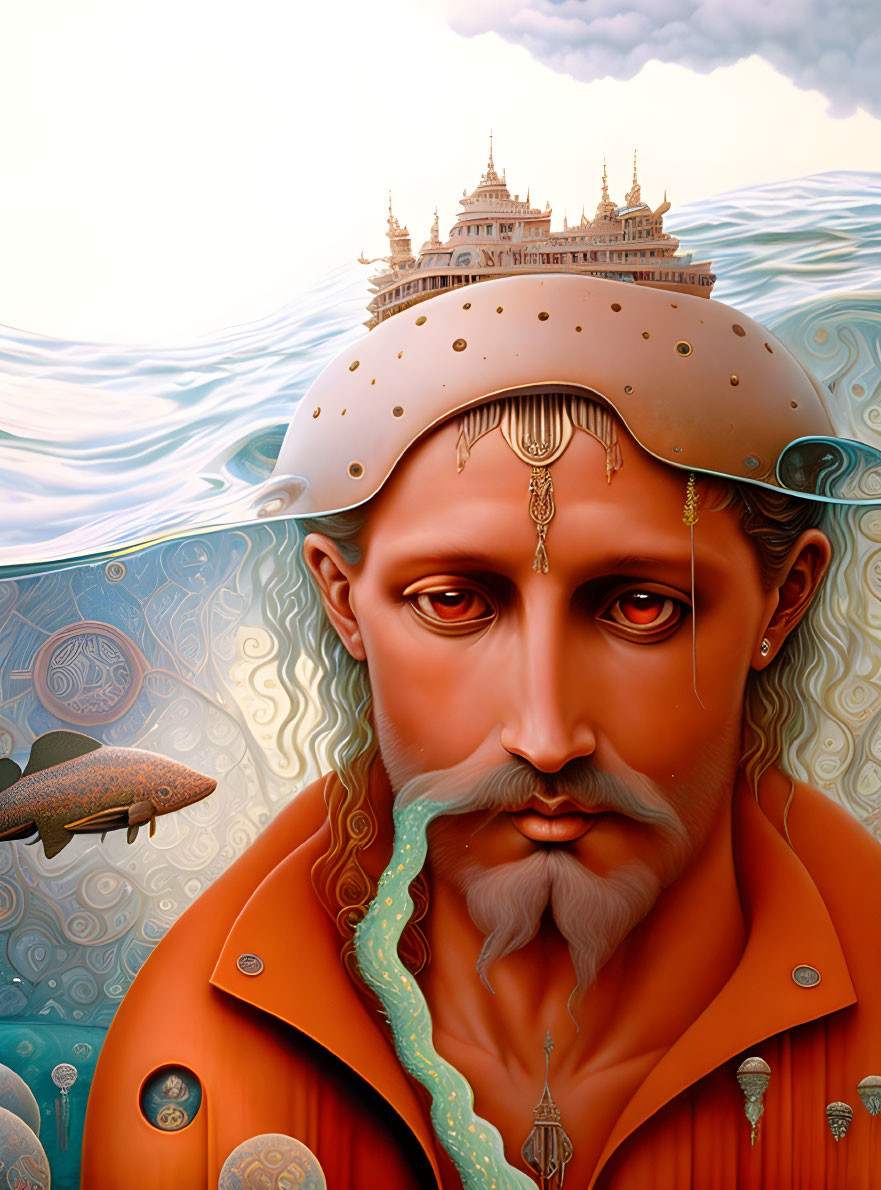 Surreal portrait blending man's face with sea landscape and castle, salamander, jewelry