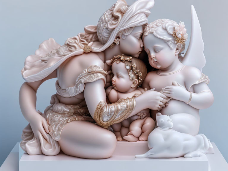 Porcelain figurine of three cherubs embracing with gold accents and reclining lamb on base