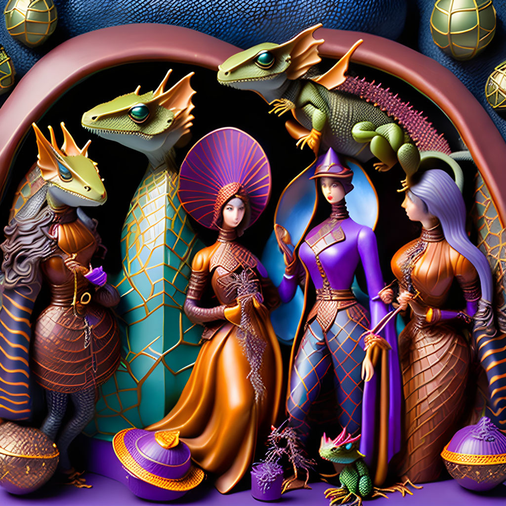 Stylized women in elegant dresses with colorful lizards in a fantastical setting