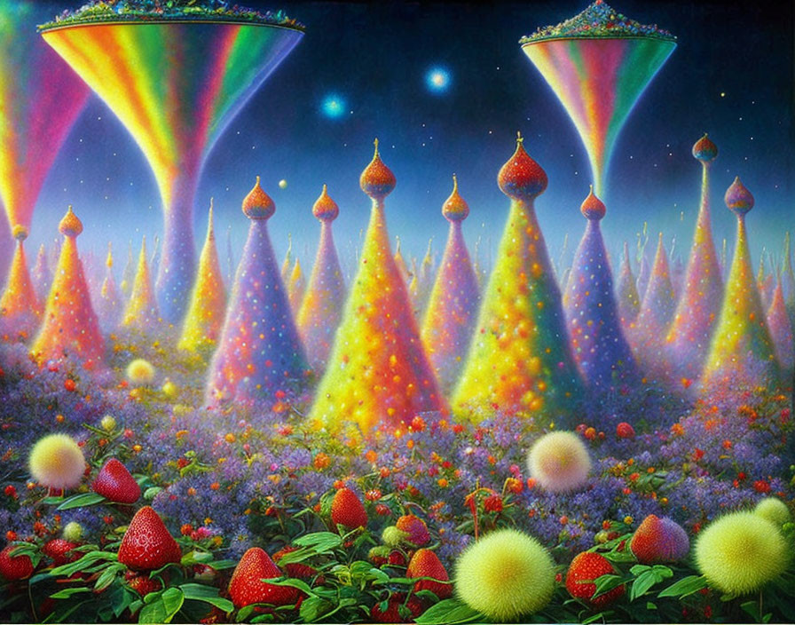 Colorful surreal landscape with conical structures, rainbow tornadoes, strawberries, and celestial bodies.