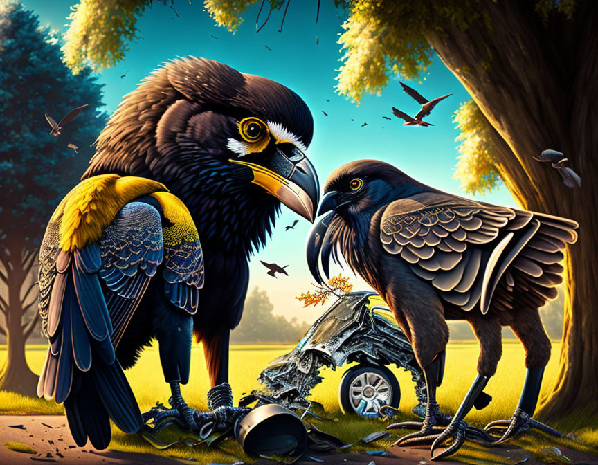 Colorful Stylized Crows in Vibrant Landscape with Human Elements