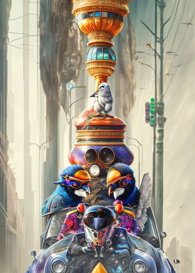 Colorful birds on steampunk streetlamp in ethereal cityscape