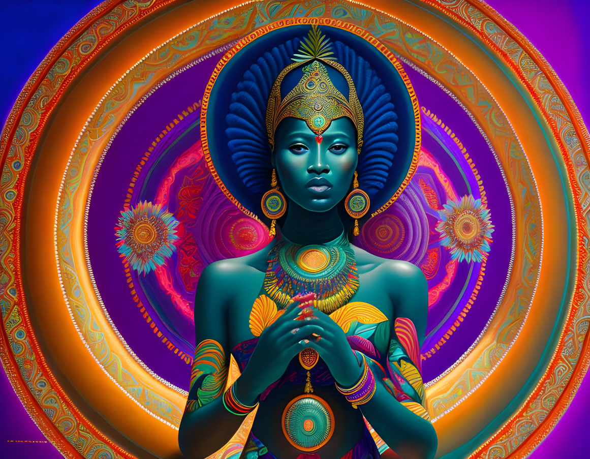 Digital artwork of a blue deity with four arms and ornate headdress