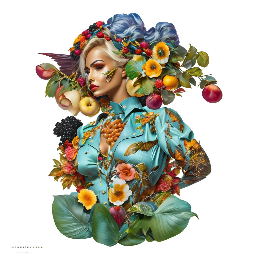 Vibrant botanical motif portrait of a woman with fruit and flowers