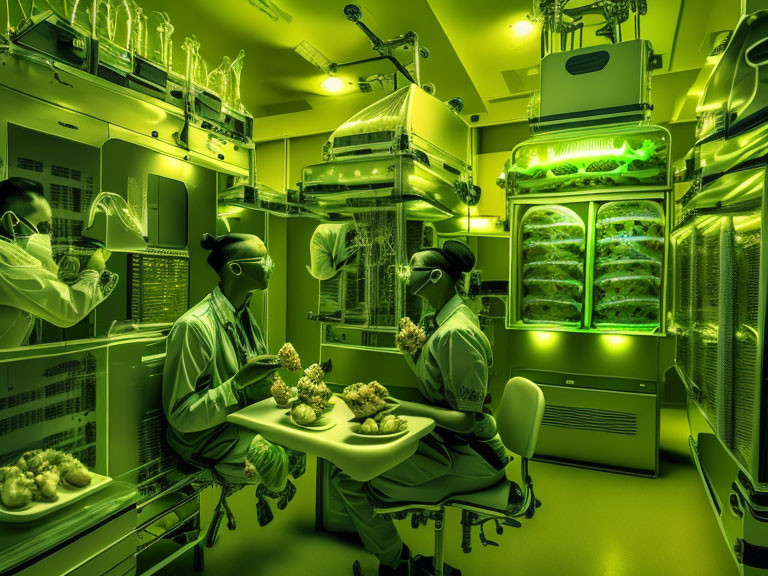 Futuristic green-lit lab with medical staff dining together