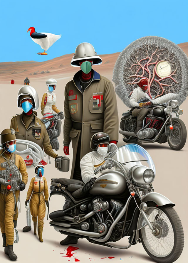 Surreal Artwork: Vintage Military Uniforms with Bird Features on Motorcycles