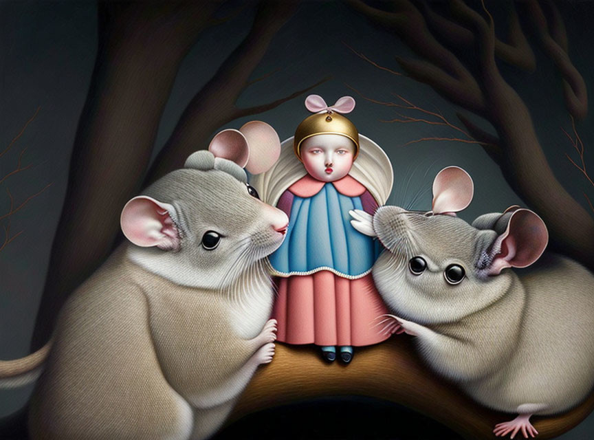 Detailed surreal illustration of mice and girl with halo in dark setting