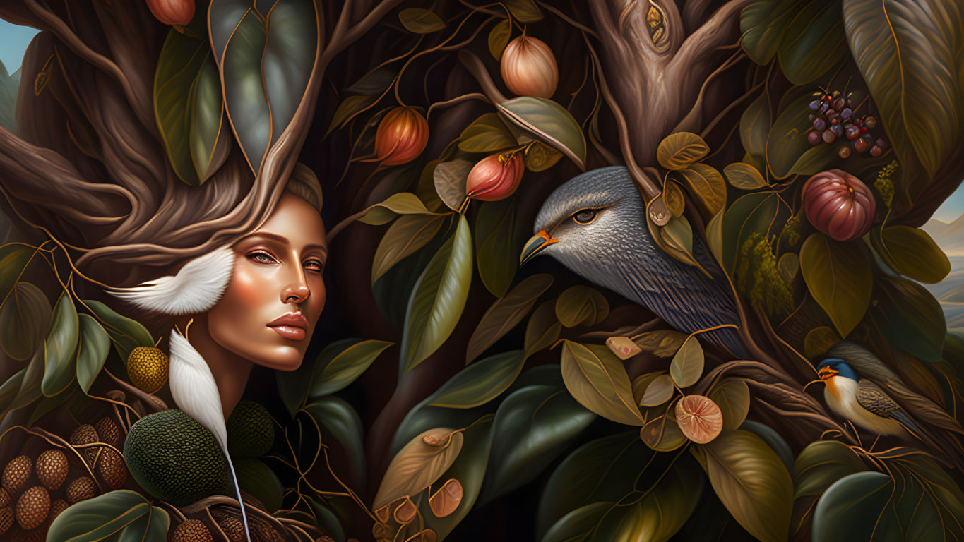 Surreal artwork: Woman's face merges with nature, bird, fruits, intertwined branches