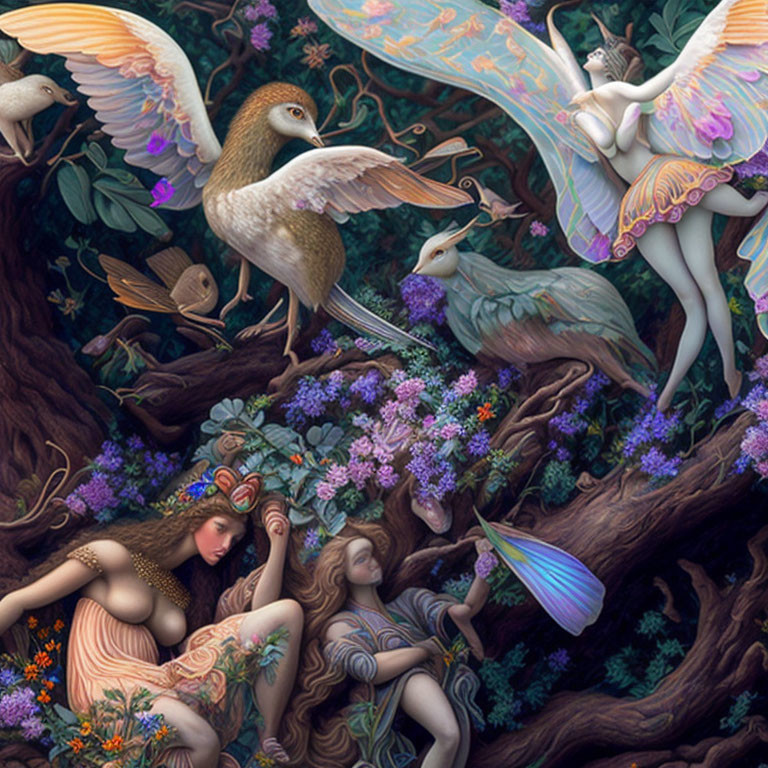 Fantastical scene featuring winged creatures, ethereal women, flowers, and twisted tree branches