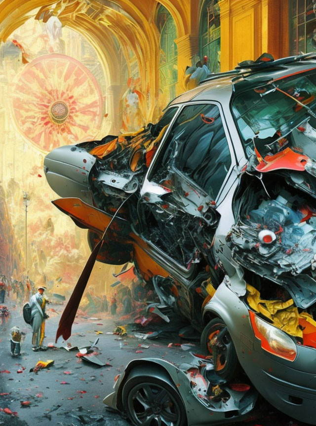 Damaged silver car in chaotic dystopian scene with fiery eye