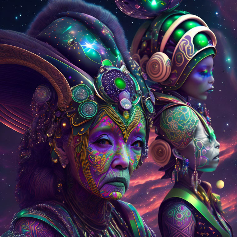 Intricate cosmic headdresses on beings in starry space