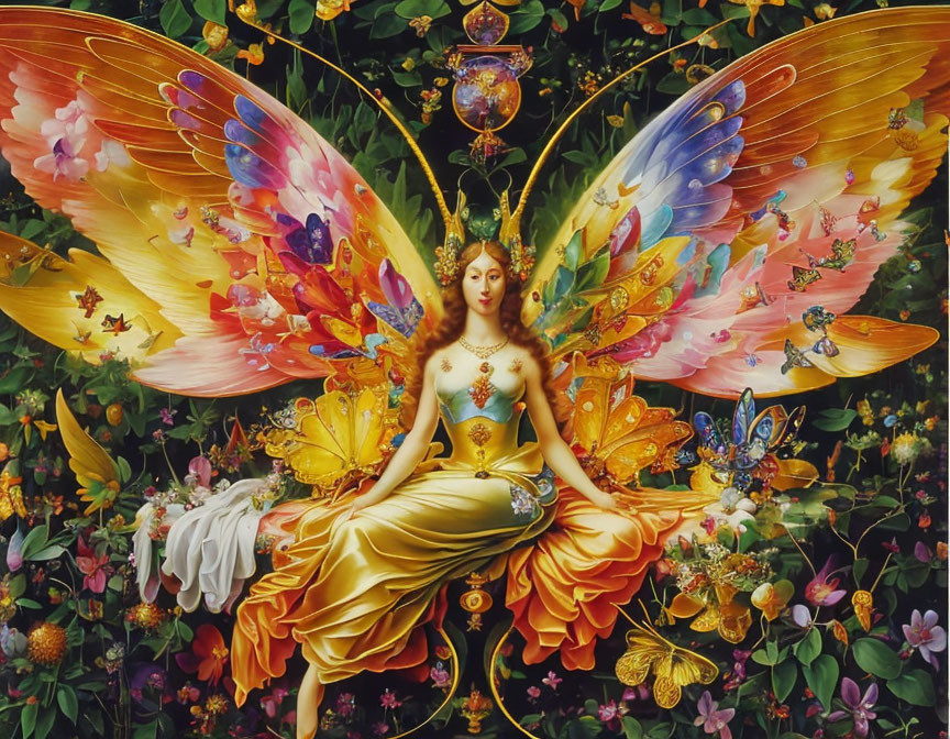 Colorful Female Figure with Ornate Wings Among Flowers and Butterflies