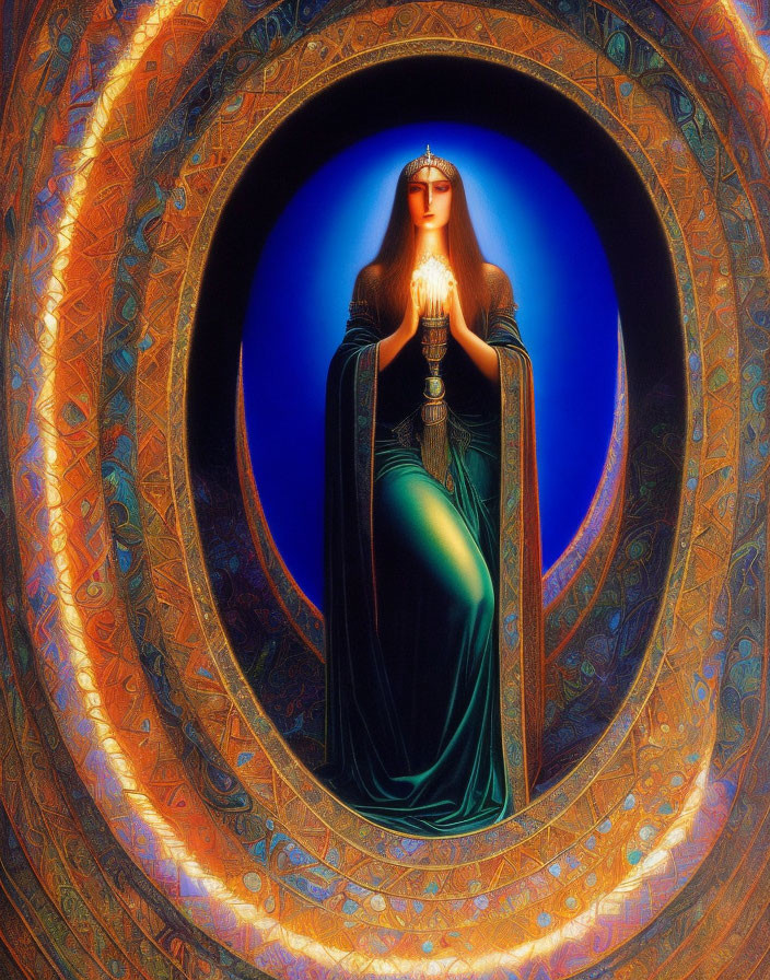 Surreal image: robed figure with glowing halo in illuminated oval frame