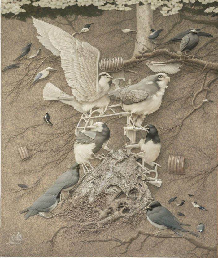 Sepia-toned artwork of birds on tree branches with nest and eggs