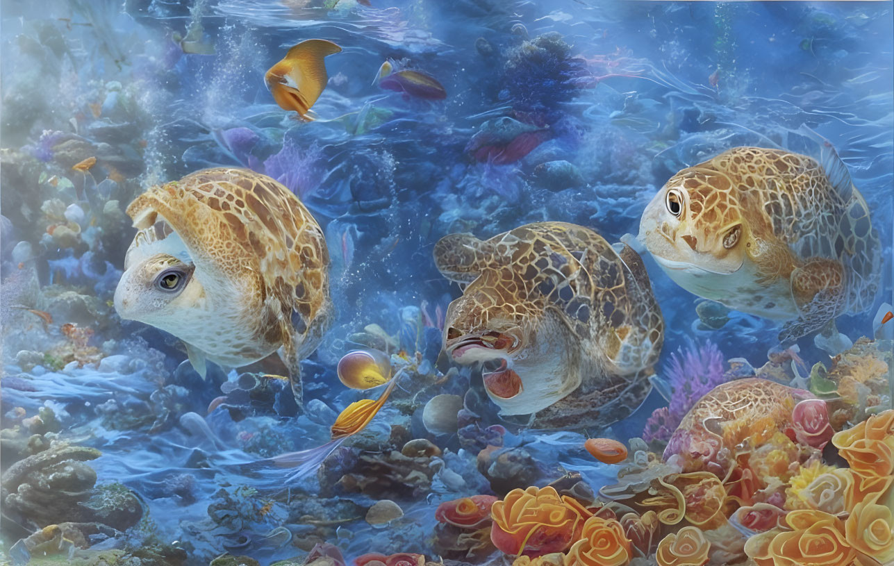 Sea Turtles and Tropical Fish in Colorful Underwater Scene