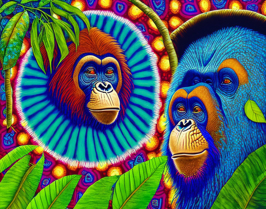 Colorful Monkey Artwork with Psychedelic Patterns and Decorative Backdrop