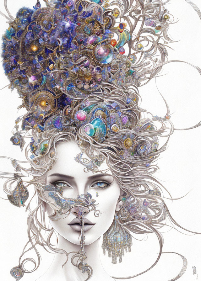 Detailed illustration of woman with elaborate jewel-like headdress in blue and gold tones