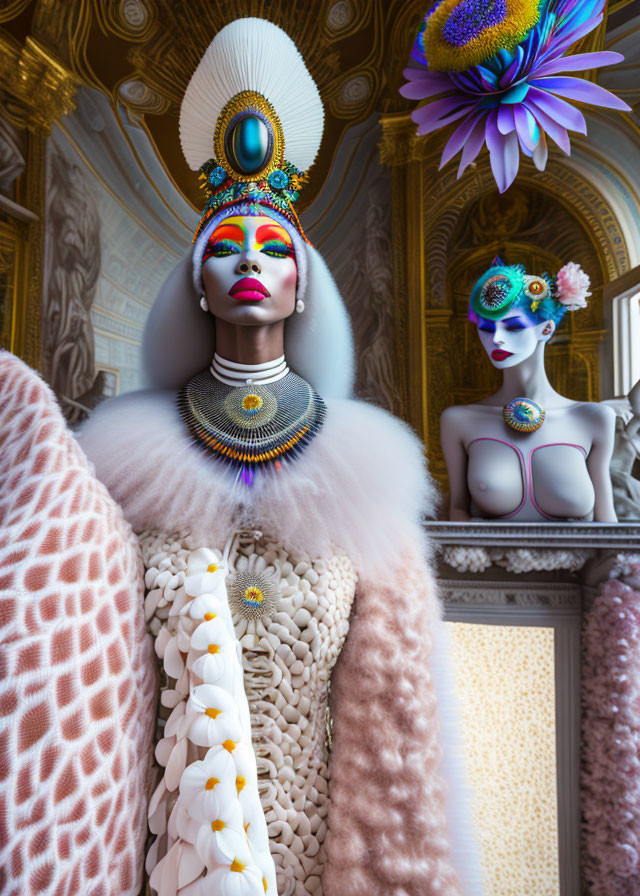 Surreal fashion scene: Two models in elaborate costumes against ornate backdrop