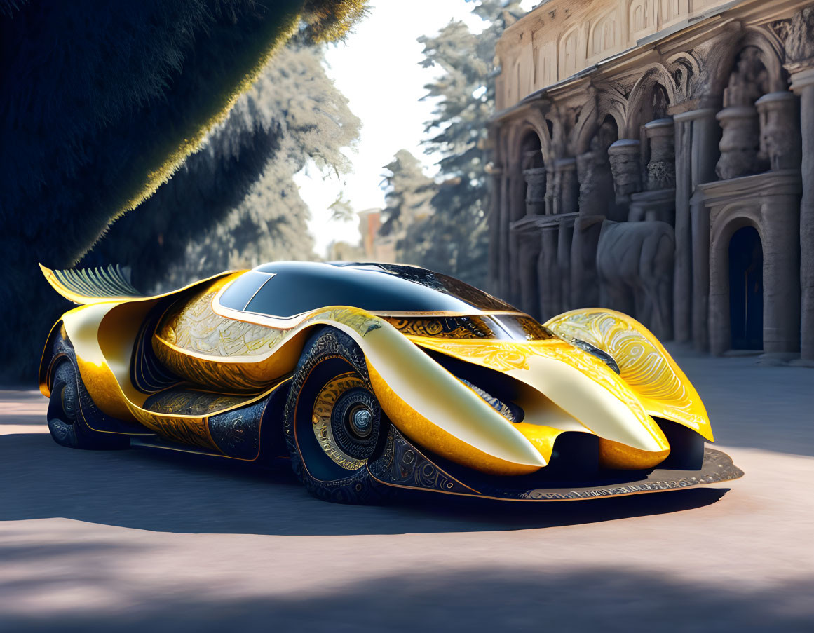 Futuristic golden car parked in front of classic architecture with palm trees