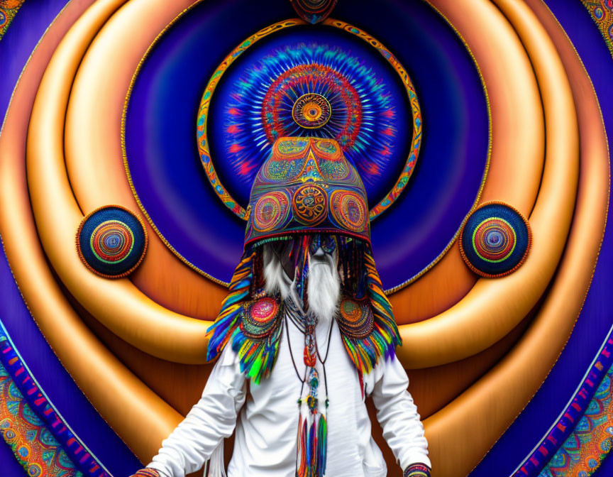 Colorful Tribal Headdress on Person in White Outfit Amid Psychedelic Background