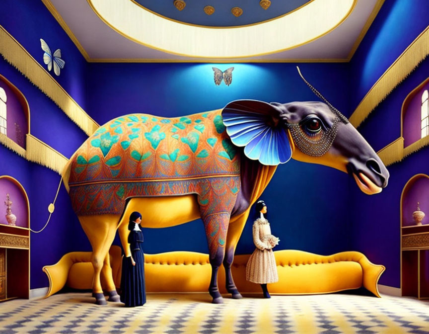 Colorful room with blue walls, golden trim, cow-like creature, stylized people, butterfly motif