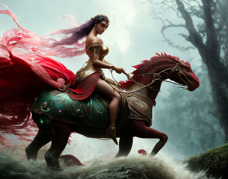 Warrior woman in golden armor riding red horse through misty forest