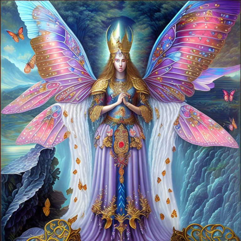 Majestic figure with butterfly wings in ornate armor amidst fantastical sky